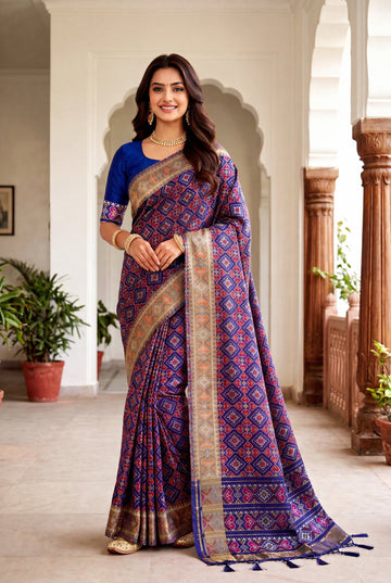 Royal Blue Patola Art Silk Saree With Heritage All Over Jaal And Antique Gold Woven Border