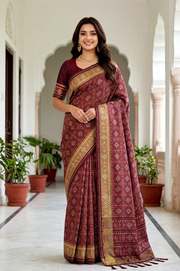 Maroon Patola Art Silk Saree With Heritage All Over Jaal And Antique Gold Woven Border