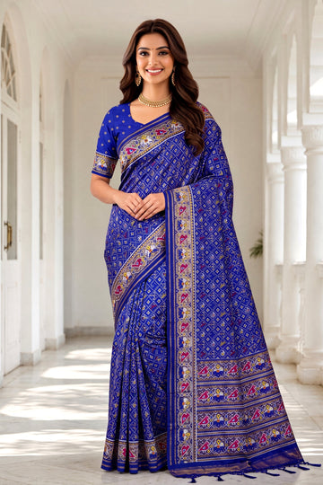 Royal Blue Patola Art Silk Saree With Heritage Woven Border & Traditional Designer Pallu