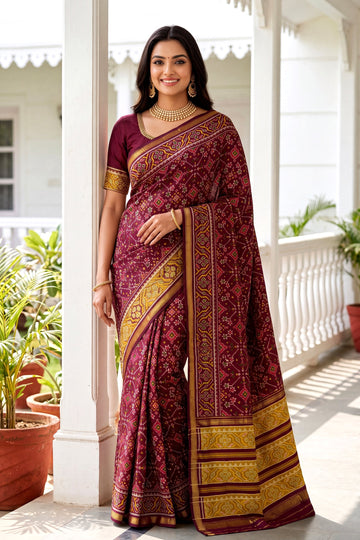 Maroon Patola Art Silk Saree With Traditional Woven Border & Heritage Designer Pallu