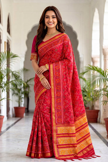 Red Patola Art Silk Saree With Traditional Woven Border & Heritage Designer Pallu